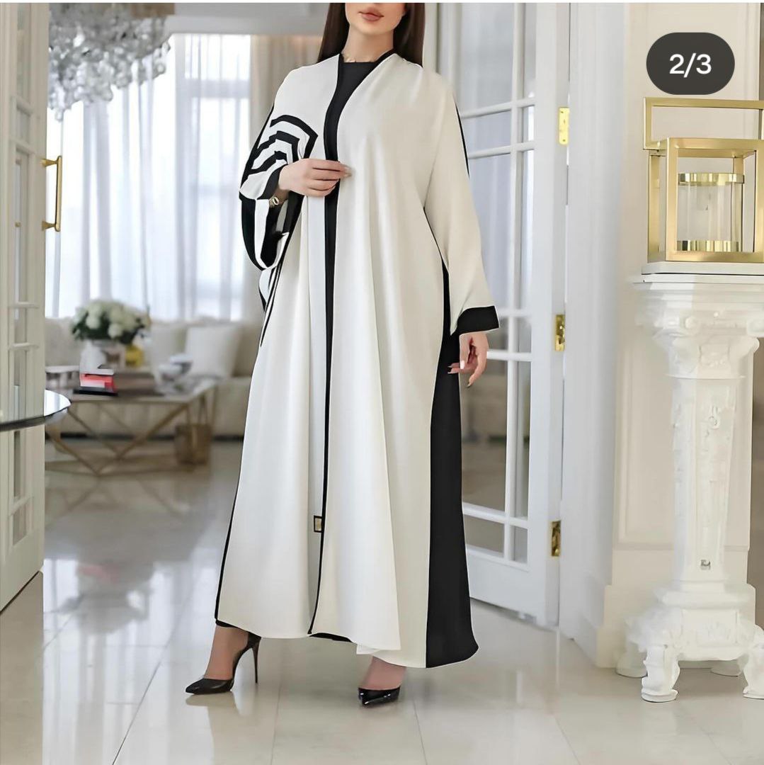 White and Black Combination Open Button Abaya With Hijab