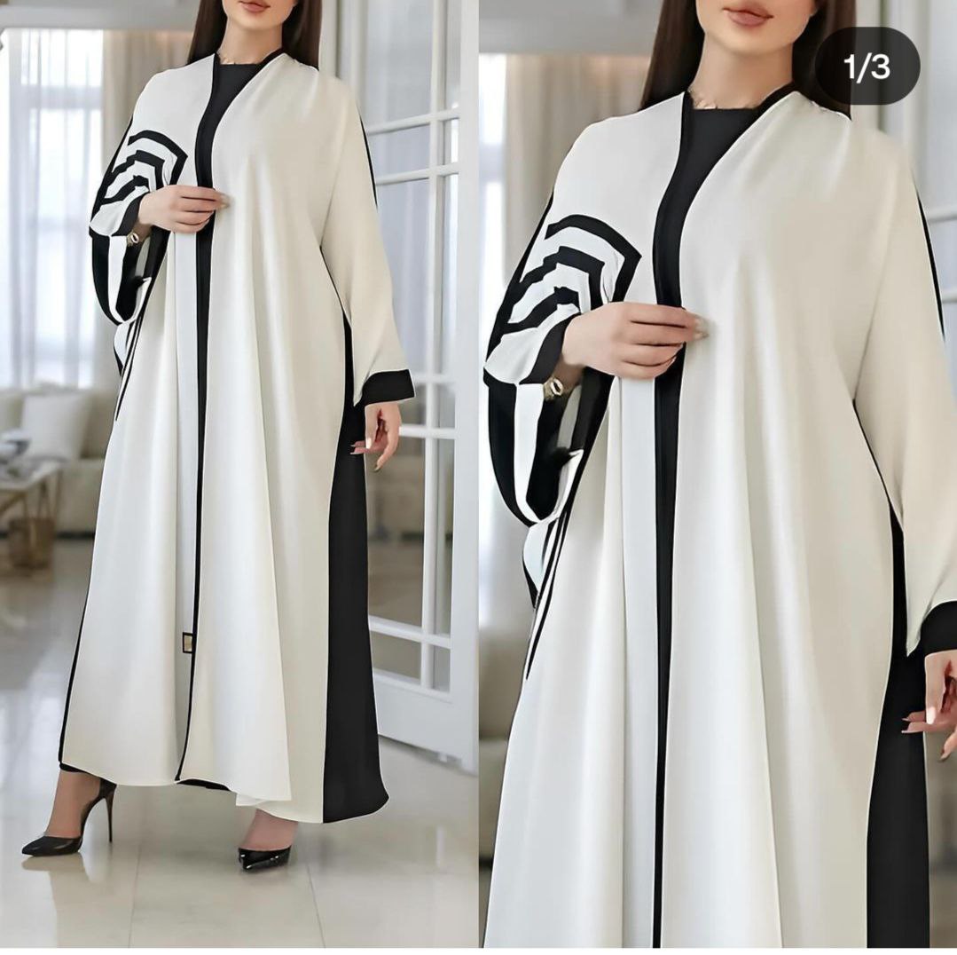 White and Black Combination Open Button Abaya With Hijab